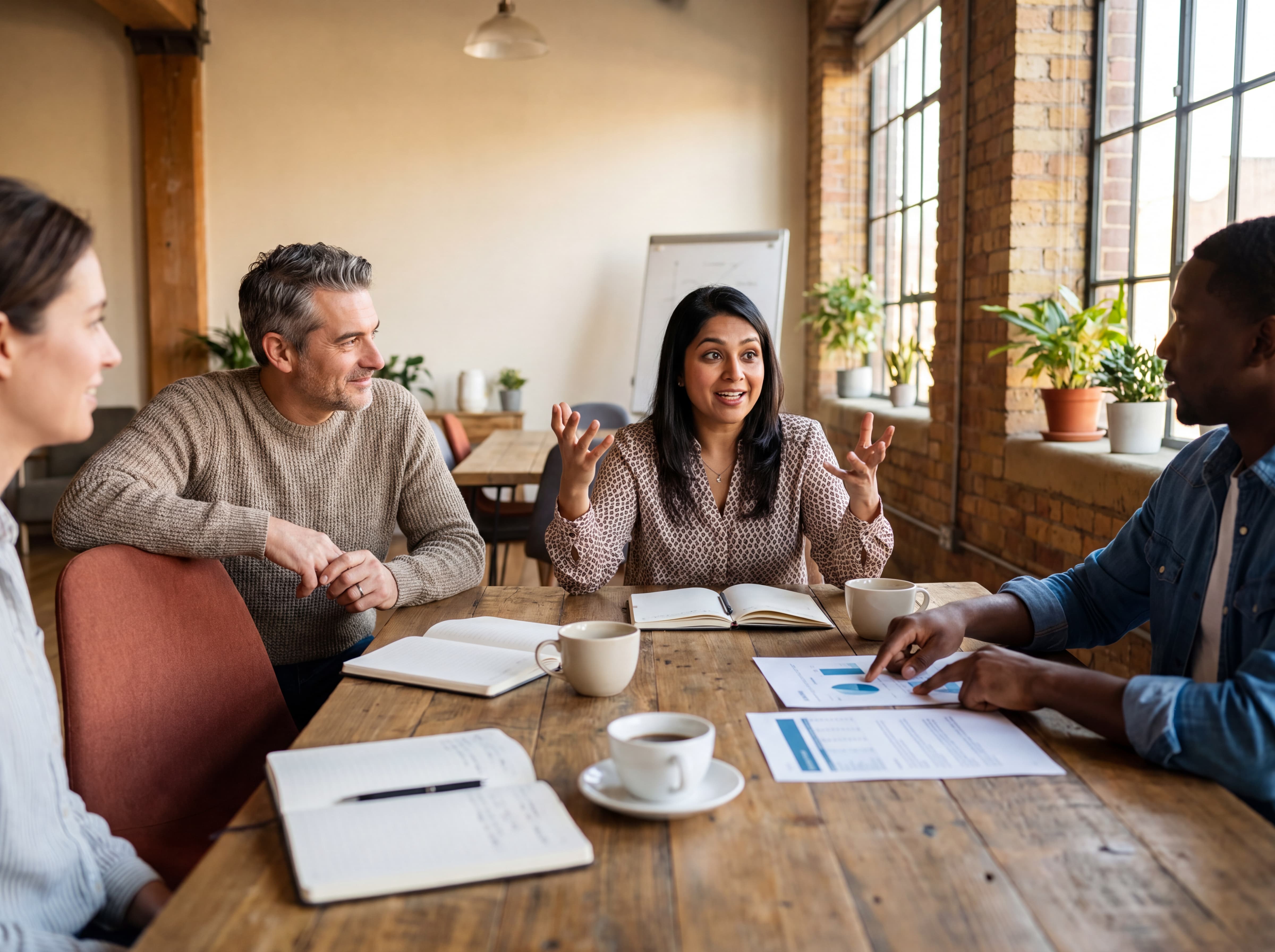 Diverse groep in gesprek rond houten tafel