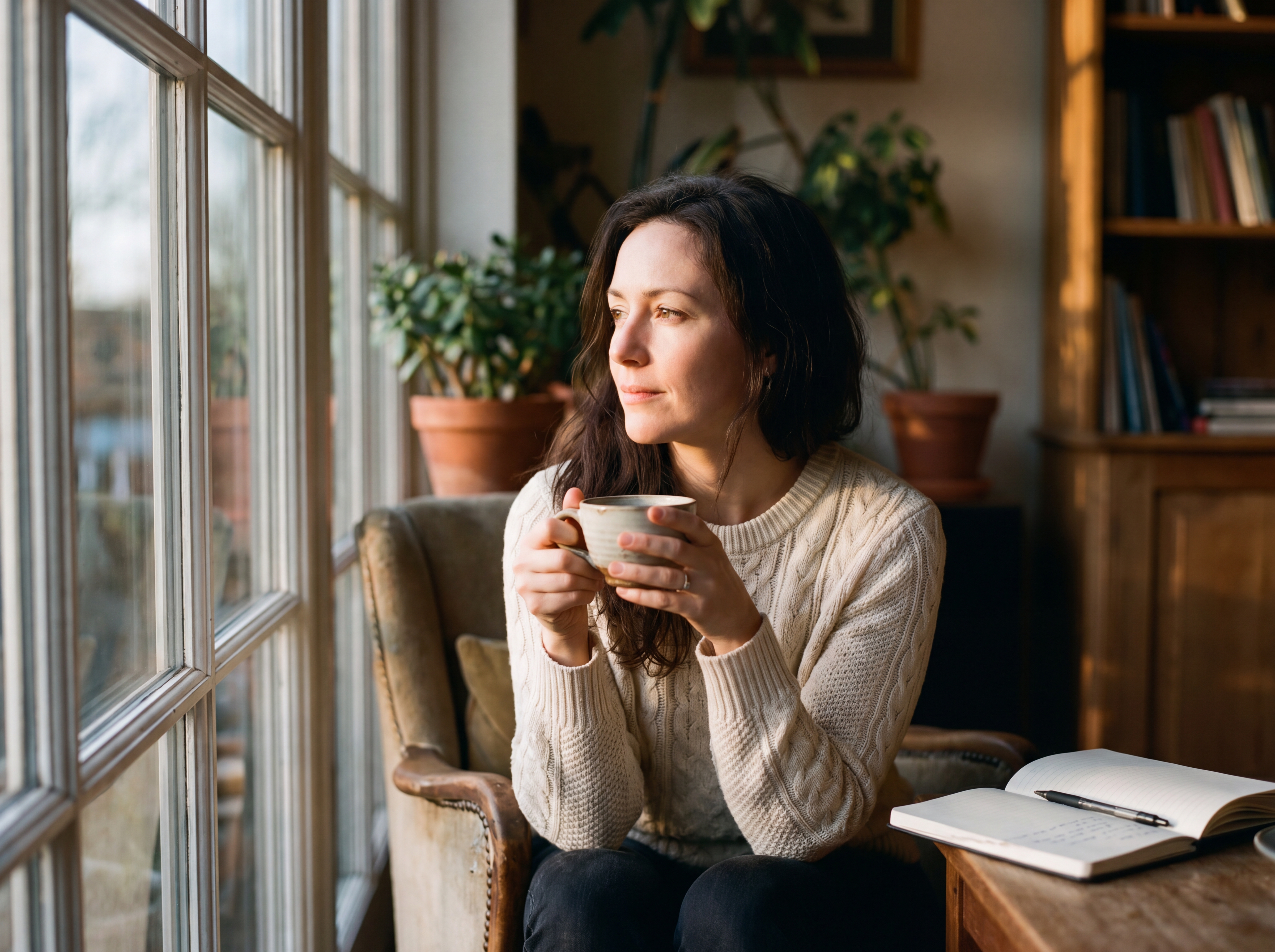 Vrouw bij raam in zonlicht, reflectief moment
